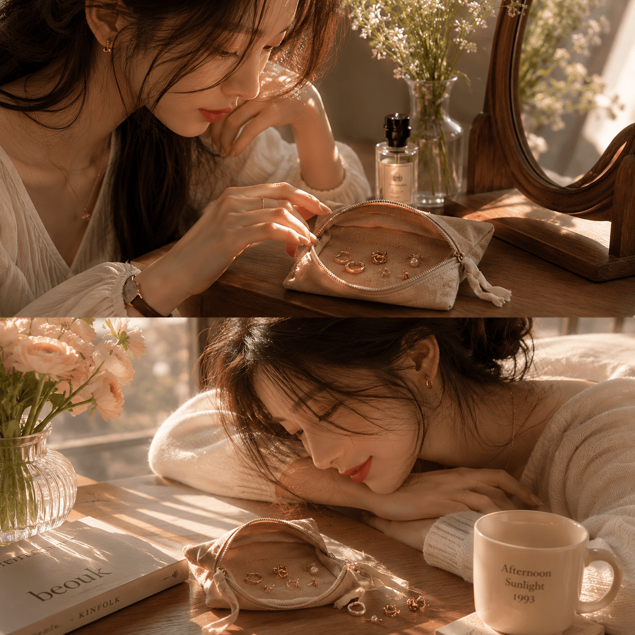 햇살 드는 화장대에서 한쪽만 남은 귀걸이가 담긴 파우치를 바라보는 사람